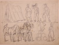 Zwei Entwürfe militärischer Lagerszenen (verso: Figurenstudie eines Infanteristen)