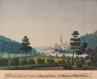 Landschaft mit Südansicht von Stift Heiligenkreuz, mit Zeichner im Vordergrund