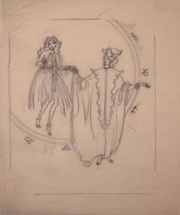 Entwurf mit Prinz (?) und junger Frau vor einem mit Sternzeichen-Symbolen verzierten Ring bzw. Spiegel