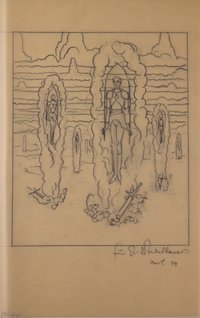 Geharnischte Helden mit Märtyrerzweigen, in Wolkenrahmen über ihren Gräbern schwebend (1944)