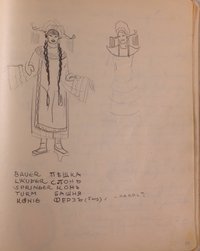 Teschners Skizzenbuch von 1943, Seite 33: Zwei fernöstliche Frauen mit der russischen Übersetzung von Schachfiguren