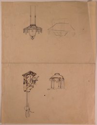 Skizzenblatt mit Deckenleuchter, Kuckucksuhr und Standuhr