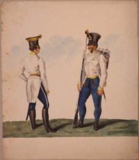 Offizier und gemeiner Infanterist in weiß-blauen Uniformen ("K.K. Ungarische Linien Infanterie")