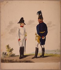 Offizier in blau-Weißer und Kadett in weißer Uniform ("K.K. Oesterreichischer Ingenieur Officier und Cadet der Ingenieur Accademie in Wien")