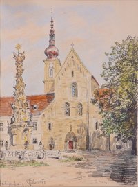 Blick auf die Kirchenfassade und Dreifaltigkeitssäule in Stift Heiligenkreuz